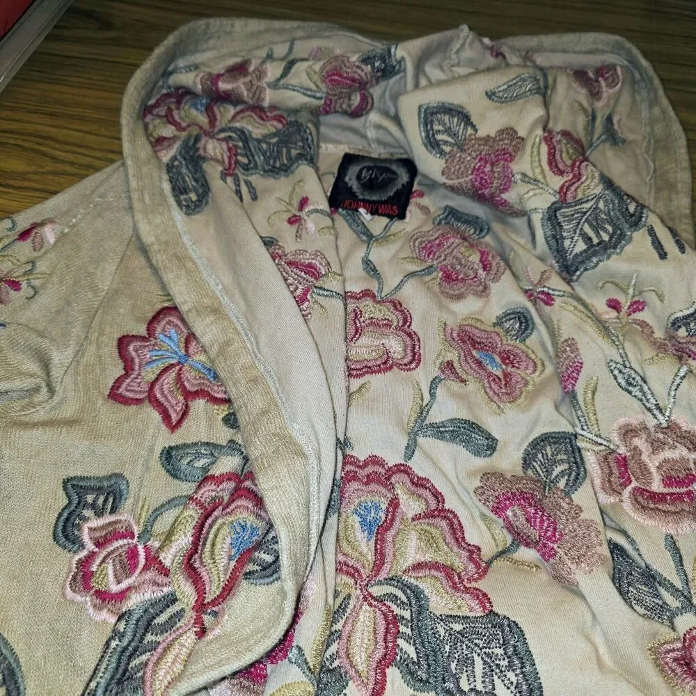 JOHNNY WAS BIYA Sz S Floral Embroidered Open Front Hood Cardigan Duster Sweater